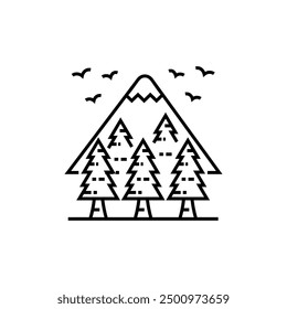 Trees ,clouds and birds scenery,flat vector line icon,black