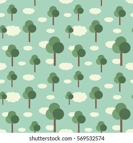 Trees and clouds retro vector seamless pattern background
