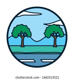 trees clouds and street line and fill style icon design, Landscape nature earth eco ecology conservation bio environment and outdoor theme Vector illustration