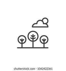 Trees and clouds with sun outline icon. linear style sign for mobile concept and web design. Forest tree simple line vector icon. Symbol, logo illustration. Pixel perfect vector graphics