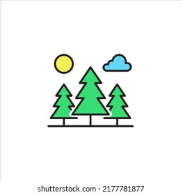 Trees and clouds with sun outline icon. High quality coloured vector illustration.