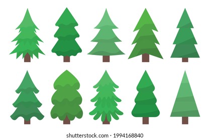 Árboles en tonos verdes fríos vectores plano. Árboles simétricos de Navidad en formas reales y abstractas. Spruce y pino, abeto. Tarjeta de saludo, vacaciones de invierno Navidad, Año Nuevo. Papel envuelto para regalos.