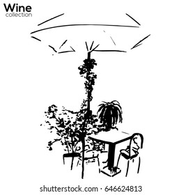 Trees collection. Ink cafe scene with plants