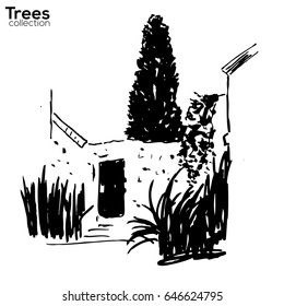 Trees collection. Ink old wall and plants