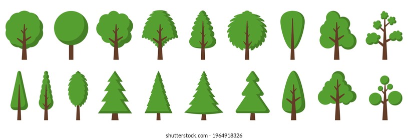 Trees collection. Set of color trees on white background. Vector illustration. Tree icons isolated.