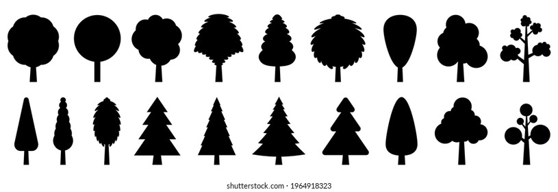 Trees collection. Set of tree silhouettes. Vector illustration. Black tree icons isolated.