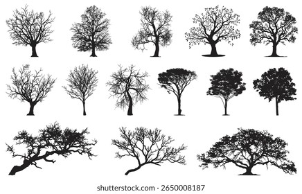 Silhueta de coleção de árvores, abetos de floresta e abetos formas pretas, modelos de árvores da natureza selvagem.