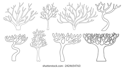 trees collection in a simple minimalist style in vector. Template for design, logo, print, icon. object in line art style for landscape, coloring