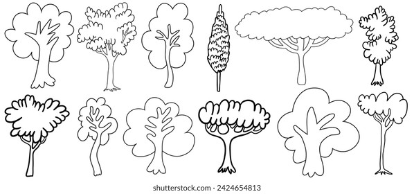 trees collection in a simple minimalist style in vector. Template for design, logo, print, icon. object in line art style for landscape, coloring