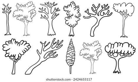 Trees Collection in einem einfachen minimalistischen Stil in Vector. Vorlage für Design, Logo, Druck, Icon. Objekt im Linienart-Stil für Landschaft, Färbung