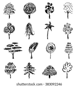 Colección de árboles, boceto para su diseño. Ilustración dibujada a mano
