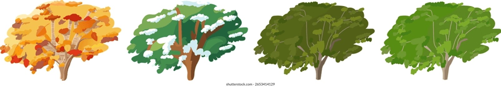 Trees collection vector illustration on white background, plants, green tree, snow, autumn