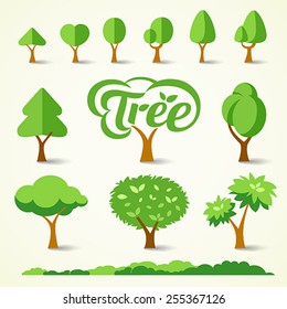 Trees collections set design, vector illustrations