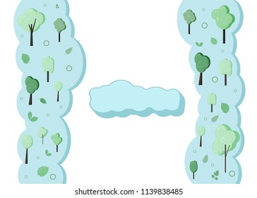 Trees composition background with empty space for text. Flat green trees and leaves with decorations design. Template for card, banner, social media network. Vector illustration.