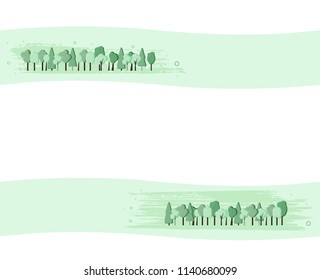 Trees composition background with empty space for text. Flat green trees  with decoration border design. Template for card, banner, social media network. Vector illustration.