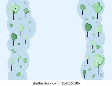 Trees composition background. Flat green trees and leaves with decorations design. Template for card, banner, social media network. Vector illustration.