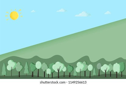 Trees composition background. Flat green landscape with decorations design. Template for card, banner, social media network. Vector illustration.