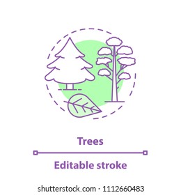 Trees concept icon. Park, forest idea thin line illustration. Pine and fir trees, leaf. Vector isolated outline drawing. Editable stroke
