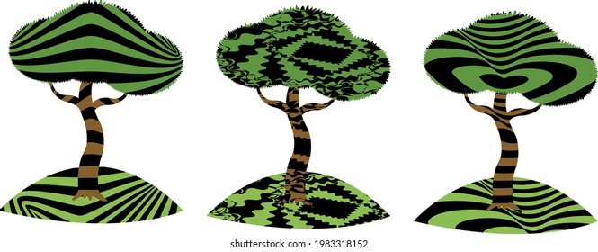 árboles con tronco curvo estilo op art iconos de la naturaleza moderna sobre fondo blanco