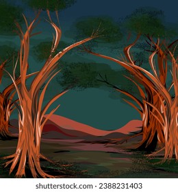 trees in the desert at night, illuminated by moonlight