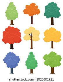 Trees Different Colors Cartoon Shapes Set. Landscape elements for decoration, mobile game or app