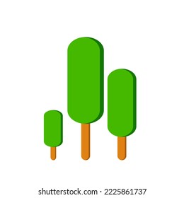 Trees of different heights, green, white background.