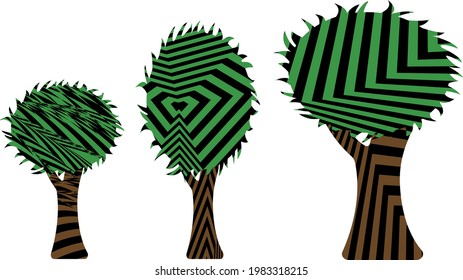 trees of different sizes with brown trunks and green tops op art style texture creative natural icons