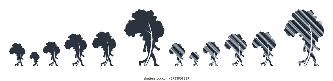 Trees of different sizes walking. Vector forest characters.