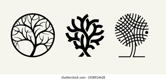 Árboles de diferentes estilos. Un conjunto de plantillas para crear logotipos, emblemas de la identidad corporativa