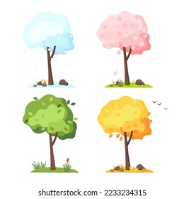 Trees at different times of the year - spring, summer, autumn, winter. Vector cartoon flat illustration.