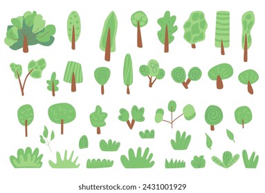 Trees doodle set. Forest elements collection. Plant bushes, grass summer garden. Vector flat illustration.