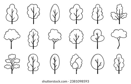 Juego de garabatos de árboles. Bosque con estilo de esbozo. Ilustración vectorial dibujada a mano aislada en fondo blanco