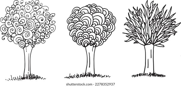 Trees doodles, hand drawn vector illustration on white paper