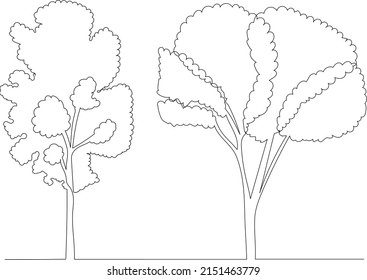 trees drawing by one continuous line, vector