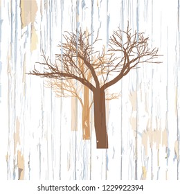 Trees drawing on wooden background. Hand-drawn vector vintage illustration.