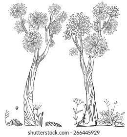 Trees drawn line, a children's decor. Two large tree, vector design elements
