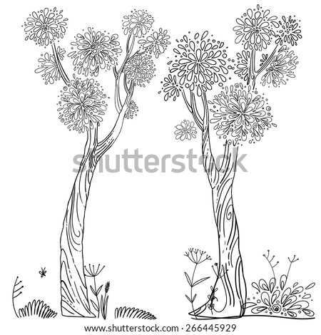 Trees drawn line, a children's decor. Two large tree, vector design elements