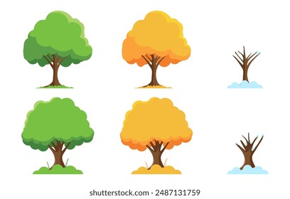Árboles para cada estación desde la primavera hasta el invierno. Colección de ilustraciones de árboles. Estilo de diseño plano de Ilustración vectorial