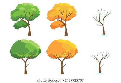 Trees for each season from spring to winter. Collection of tree illustrations. The green leaves turn orange until fall when snow falls. Vector illustration flat design style