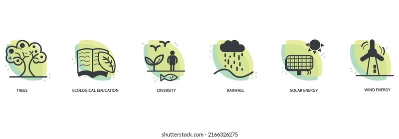 Trees, Ecological Eduction, Diversity, Rainfall, Solar Energy, Wind Energy, Ecological Power Concept Flat Design Style Icon Set Vector Illustration 