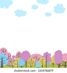 Trees elements of natural forest landscapes, Flat hand drawn childish design vector illustration. Spring background with space for text.
