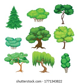 Trees with Exuberant Green Foliage and Trunk Vector Set