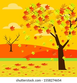 Trees with Falling Leaves Garden on Hill Autumn Background