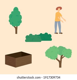 arboles e icono de granja sobre fondo rosa, diseño colorido, ilustración vectorial