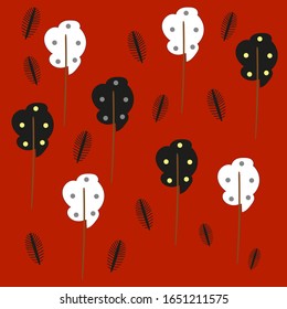 Trees and feathers leafs vector illustration isolated on brick color in scandinavian style. Forest spring autumn  time, off-season in cartoon flat style. Finnish concept. Swedish design. Easy to use.