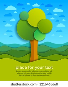 Trees in the field scenic nature landscape cartoon modern style paper cut vector illustration.