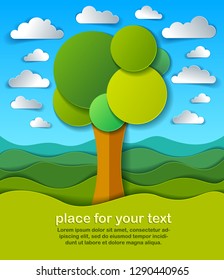 Trees in the field scenic nature landscape cartoon modern style paper cut vector illustration.