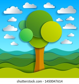 Trees in the field scenic nature landscape cartoon modern style paper cut vector illustration.