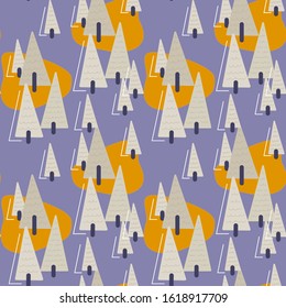 Trees fir, Christmas trees in the forest, seamless pattern in green, blue green colors, isolated on violet background. Doodle style for prints, mugs, postcards, t shirt, wrapping paper, scrap booking