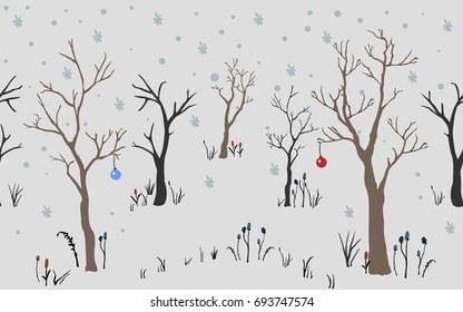 Trees. First Snow. Winter Christmas landscape background with trees, snow, snowflakes toys. Hand Drawn Design. Vector Illustration. Holiday Card. For cards, backgrounds, wallpaper, wrapping, etc.